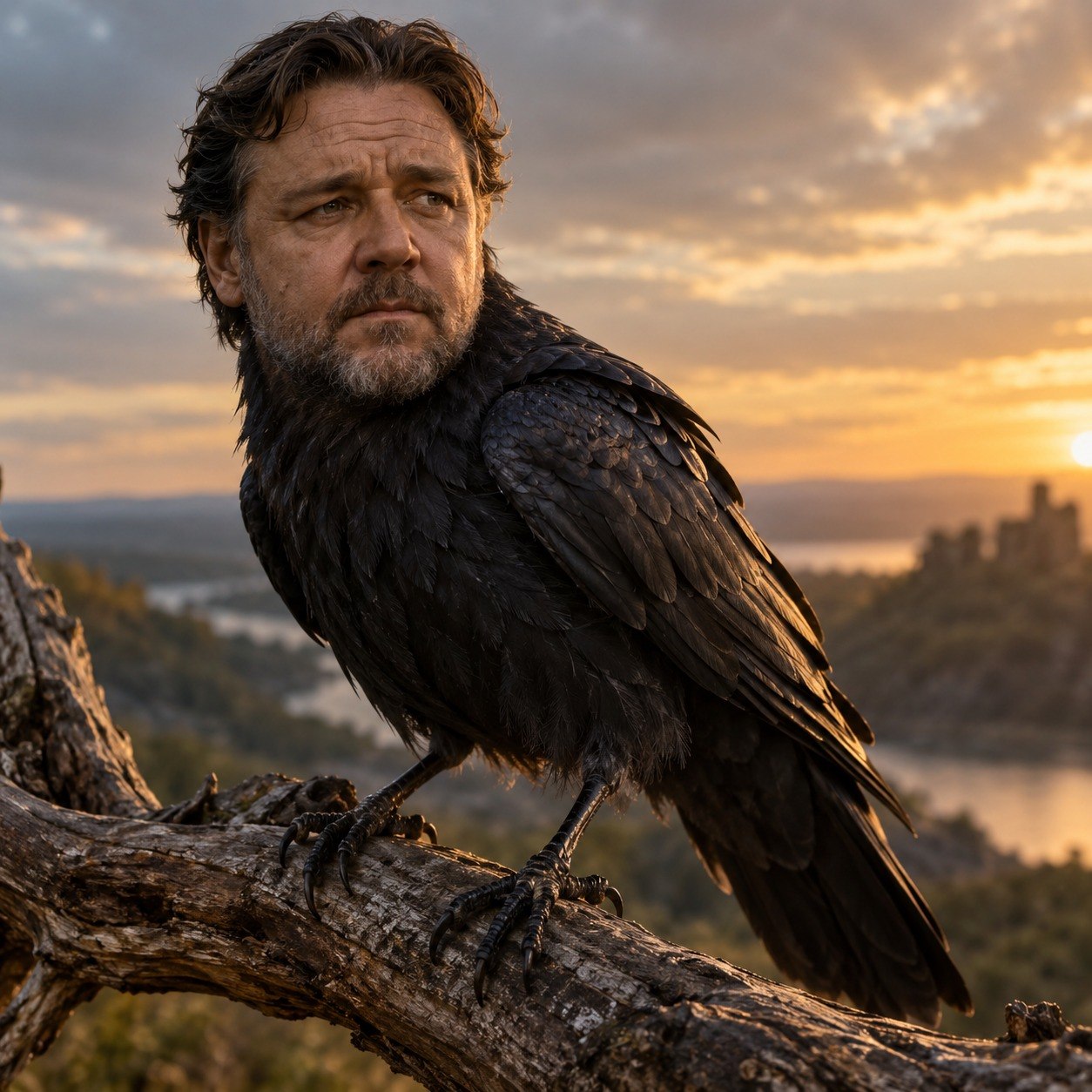 Russell Crow: Russell Crowe's head on a black crow perched on a branch at sunset